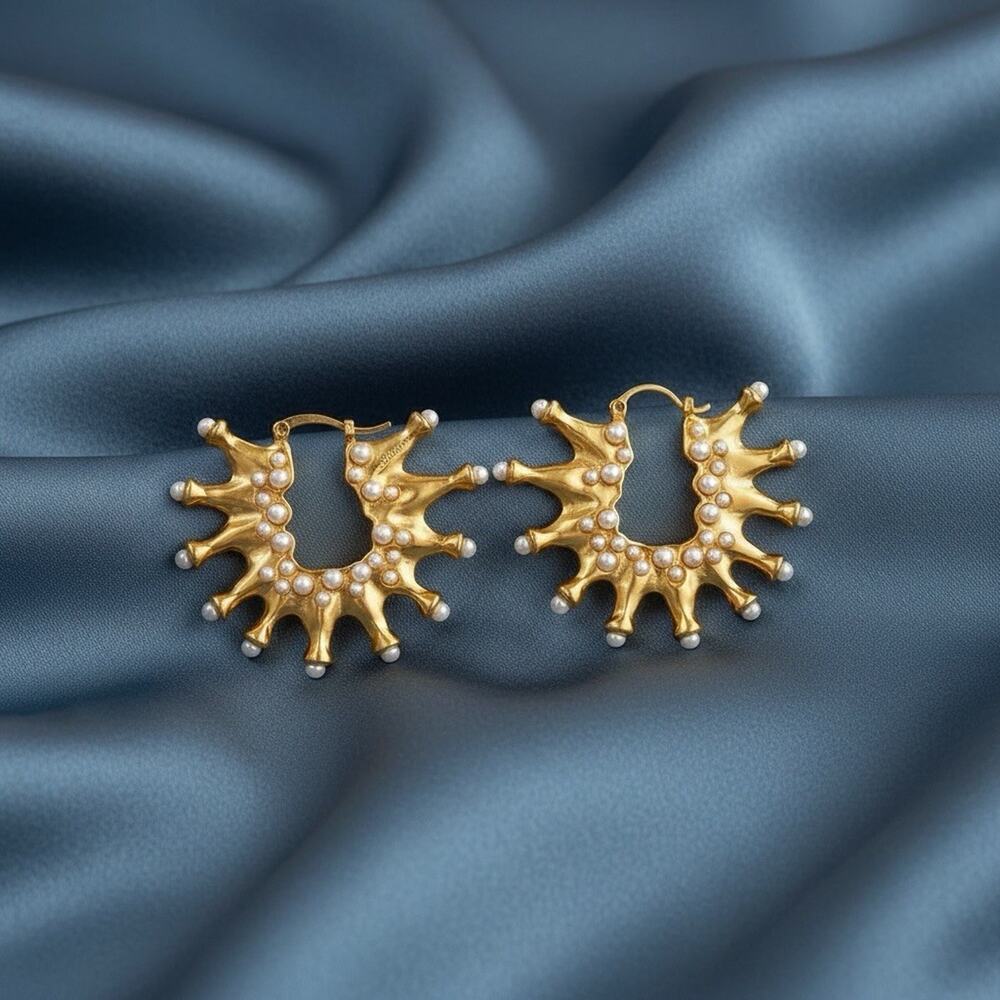 Anthropologie Hoop Gold Sunburst Pearl Earrings Celestial Star Boho Statement CZ